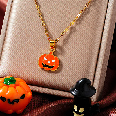 Stainless Steel Enamel Halloween Pumpkin Pendant Dapped Chain Necklaces BZ8585-1