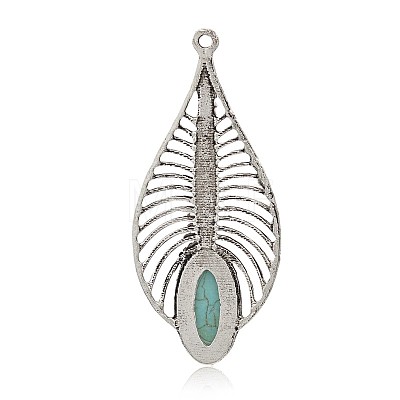 Antique Silver Plated Leaf Alloy Synthetic Turquoise Big Pendants PALLOY-J654-01AS-1