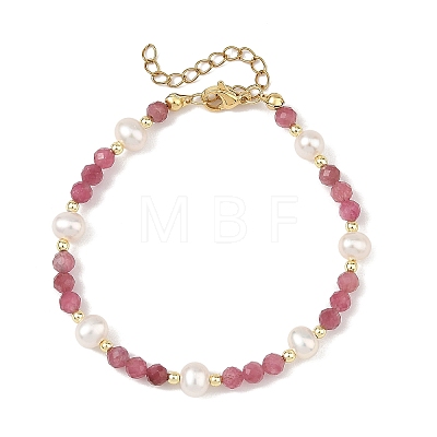 Faceted Round Gemstone & Natural Cultured Freshwater Pearl Beaded Bracelets for Women BJEW-JB14184-1