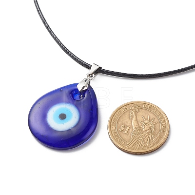 Blue Lampwork Evil Eye Pendant Necklace with Waxed Cord for Women NJEW-JN03955-01-1