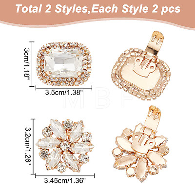 ARRICRAFT 2 Pairs 2 Styles Rectangle/Flower Brass Glass Rhinestone Shoe Decorations AJEW-AR0001-81B-1