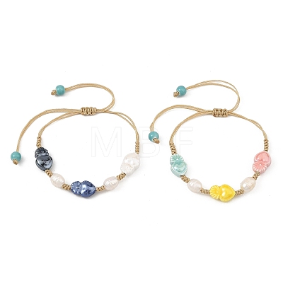 Glazed Porcelain Beads & Natural Cultured Freshwater Pearl Braided Bead Bracelets BJEW-JB14202-02-1