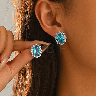 Brass Micro Pave Cubic Zirconia Oval Stud Earrings for Women QP4934-4-1