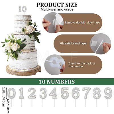 CRASPIRE 10 Sets 10 Style Number Plastic Imitation Pearl & Rhinestone Cake Toppers FIND-CP0001-67-1