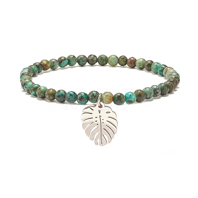 Natural Australian Turquoise(Jasper) Round Beaded Stretch Bracelet with Leaf Charm BJEW-JB07587-02-1