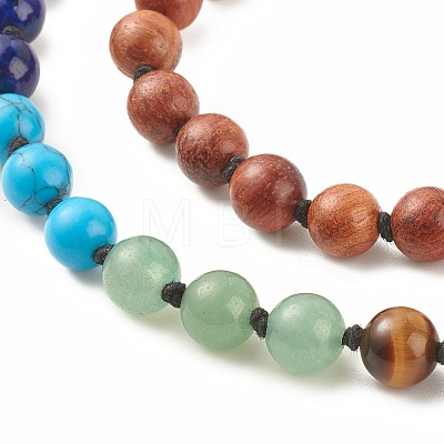 Round Wood & Mixed Gemstone Beaded Double Layer Necklace with Brass Magnetic Claslp NJEW-JN03857-1