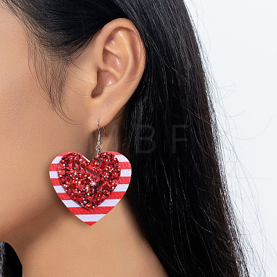PU Leather Heart with Stripe Dangle Earrings FS-WG76E0F-01-1