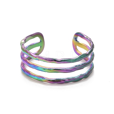 Ion Plating(IP) Rainbow Color 304 Stainless Steel Triple Line Open Cuff Ring for Women RJEW-C025-12M-1