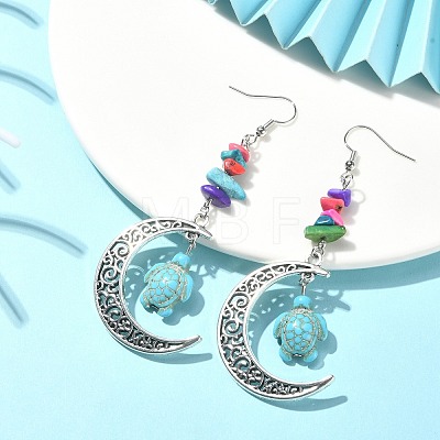 Dyed Synthetic Turquoise Crescent Moon with Tortoise Dangle Earring EJEW-JE05269-02-1