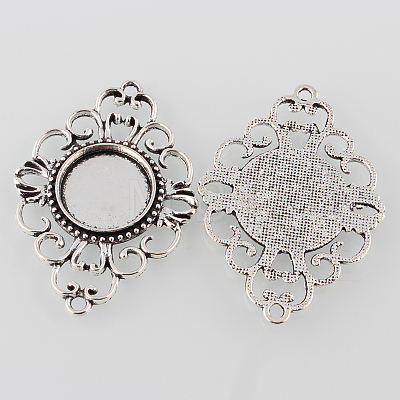 Antique Silver Tibetan Style Alloy Filigree Rhombus Cabochon Connector Settings X-TIBE-M022-08AS-1