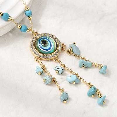 Boho Brass Resin Blue Evil Eye Pendant Necklaces with Dyed Natural Howlite Chip Tassel NJEW-L014-01G-1