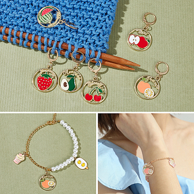 Alloy Enamel Round Ring with Fruit Pendant Locking Stitch Markers HJEW-PH01892-1