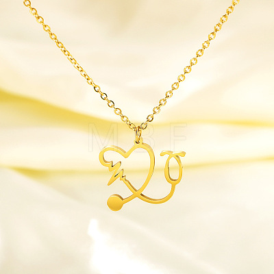 304 Stainless Steel Heart Shaped Stethoscope Pendant Necklaces for Women NJEW-B158-03G-1