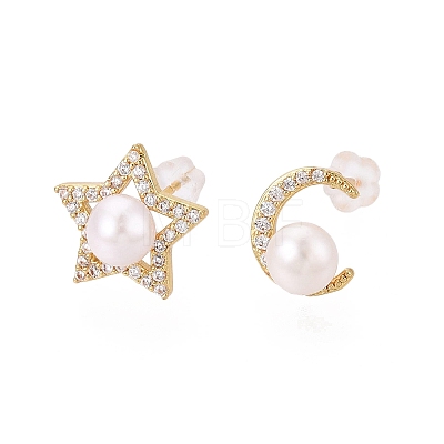 Star & Moon Brass Micro Pave Clear Cubic Zirconia Stud Earrings PEAR-N020-JY03-1