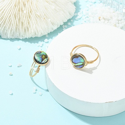 Flat Round Abalone Shell/Paua Shell Finger Rings RJEW-JR01031-1