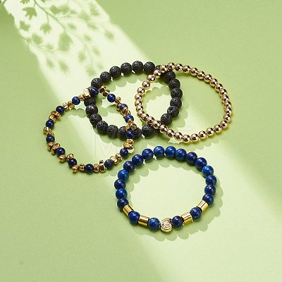 4Pcs 4 Style Natural Lava Rock & Lapis Lazuli(Dyed) & Synthetic Hematite Stretch Bracelets Set with Alloy Shell Beaded BJEW-JB08738-1