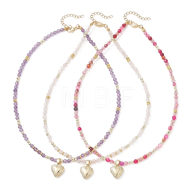 3Pcs 3 Styles Brass Heart Locket Pendant Faceted Round  Natural Amethyst & Rose Quartz & Dyed Agate Beaded Necklaces NJEW-JN05737-1