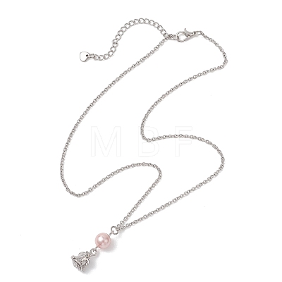 Alloy Rose Flower and Round Shell Pearl Pendant 304 Stainless Steel Cable Chain Necklaces for Women NJEW-JN05759-01-1