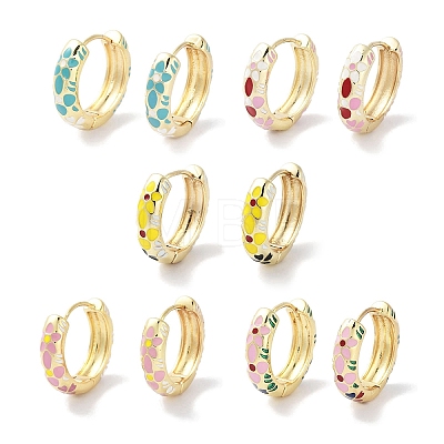 Real 18K Gold Plated Brass Enamel Flower Print Hoop Earrings for Women EJEW-L269-116G-1