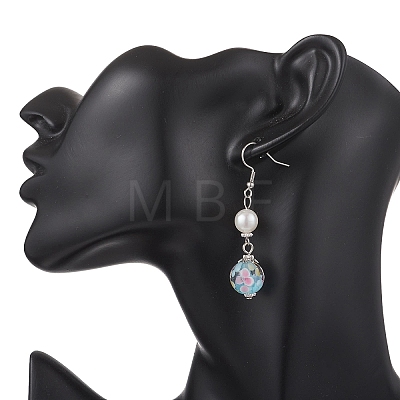Round Natural Cultured Freshwater Pearl & Lampwork Dangle Earrings EJEW-JE06881-1