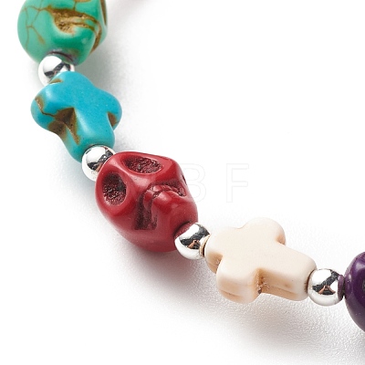 Synthetic Turquoise(Dyed) Cross & Skull Beaded Stretch Bracelet BJEW-JB08452-02-1
