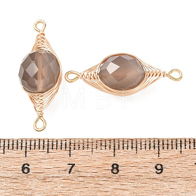 Natural Grey Agate Faceted Flat Round Links Connector Charms with Copper Herringbone Wire-Wrapped KK-Z152-09G-01-1