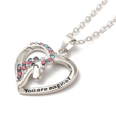 Colorful Rhinestone Heart with Unicorn Pandant Necklace with Cable Chains NJEW-K246-01P-1