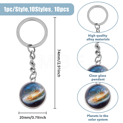 HOBBIESAY 10Pcs 10 Style Luminous Universe Planet Theme Alloy Keychain KEYC-HY0001-13-1