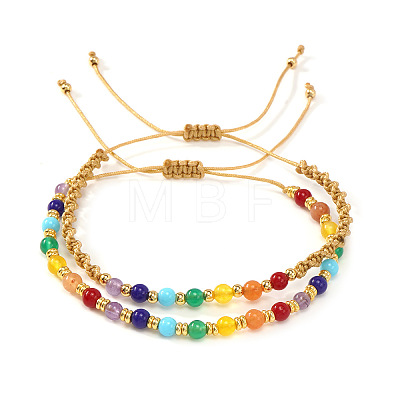 2Pcs 2 Styles Natural Mixed Gemstone & Glass & Brass Round Beads Braided Bead Bracelets PH4377-6-1
