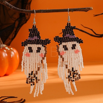 Black Ghost Pattern Glass Bead Handmade Tassel Earrings for Women DC7016-1