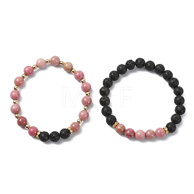 Adjustable Natural Rhodonite and Natural Lava Rock Stretch Bracelets BJEW-JB14150-01-1