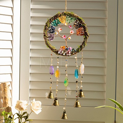 7 Chakra Natural & Synthetic Mixed Stone Chips Tree of Life Suncatchers HJEW-F027-04-1