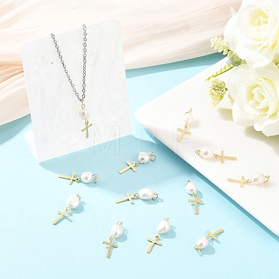 12Pcs Natural Cultured Freshwater Pearl & 201 Stainless Steel Pendants PALLOY-YW00147-1