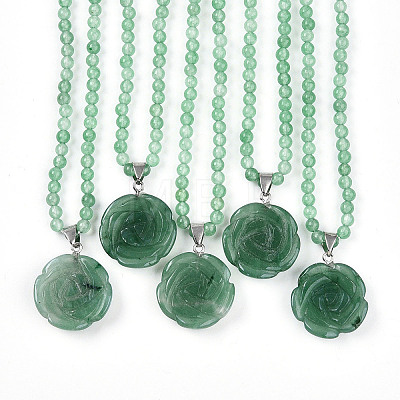 Natural Green Aventurine 4.5mm Round Beaded Flower Pendant Necklaces NJEW-T016-04F-1