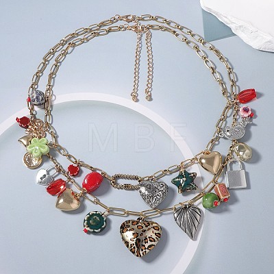 Zinc Alloy & Porcelain & Glass & CCB Plastic Flower Heart Lock Pendant Double Layer Bib Necklaces FS-WGC767F-01-1