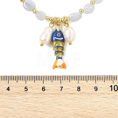 Brass Enamel Fish and Natural Pearl Rice Pendant Natural Blue Lace Agate Nuggets Beaded Necklaces for Women NJEW-JN06357-02-1