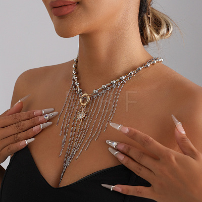 Two Tone Alloy Sun and Chain Tassel 2-Strand Bib Necklaces with CCB Plastic Beads for Women WG233F9-01-1