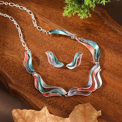 Alloy Enamel Wave Pendant Necklaces & Stud Earrings Sets for Women FS-WG9F57A-04-1