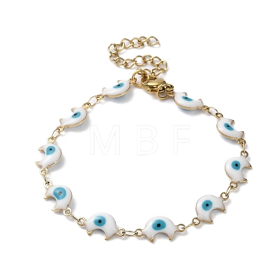 Moon with Evil Eye Enamel Link Chain Bracelet BJEW-G683-01G-1