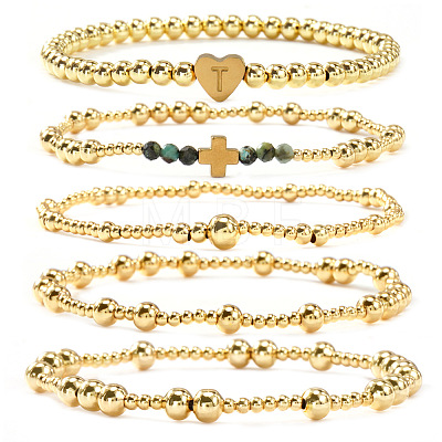 5Pcs Brass & Natural African Turquoise(Jasper) Beads Stretch Bracelets for Women BK1359-8-1