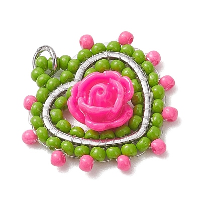 Glass Seed Beaded Heart with Rose Pendants PALLOY-MZ01030-1