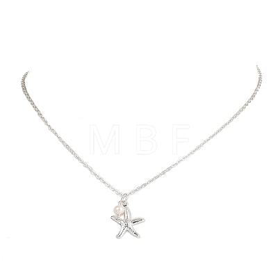 Ocean 304 Stainless Steel Starfish & Natural Pearl Pendant Necklaces for Women NJEW-JN06090-1