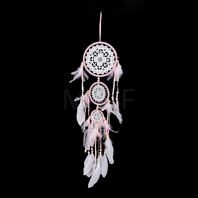 Handmade Round Woven Net/Web with Feather Wall Hanging Decoration HJEW-G015-05-1