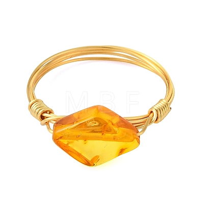 Copper Wired Natural Amber Finger Rings for Women RJEW-JR01053-1