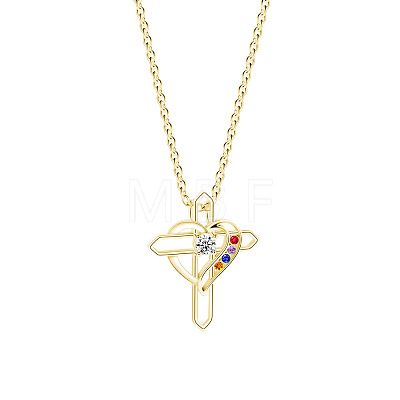 Mother's Day Brass Micro Pave Colorful Cubic Zirconia Heart Cross Pendant 304 Stainless Steel Cable Chain Necklaces for Women WGBC0BB-02-1