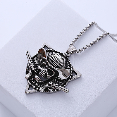 Retro Navy Style Pirate Skull Stainless Steel Punk Hip-hop Pendant Necklaces for Men JN9383-1