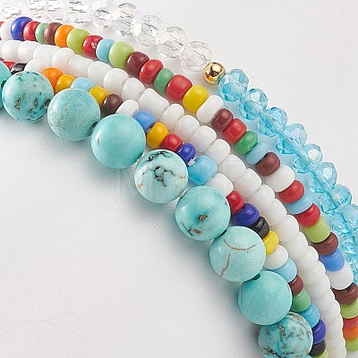 Faceted Glass & Synthetic Turquoise(Dyed) Stretch Beaded Bracelets Sets BJEW-TA00202-03-1