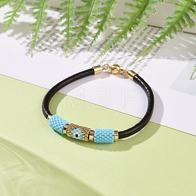Japanese Seed Column with Evil Eye Beaded Bracelet with Cowhide Cords for Women BJEW-JB09078-03-1