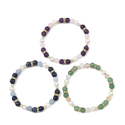Natural Gemstone & Shell Pearl & Brass Rhinestone Beaded Stretch Bracelets for Girls BJEW-JB14087-1