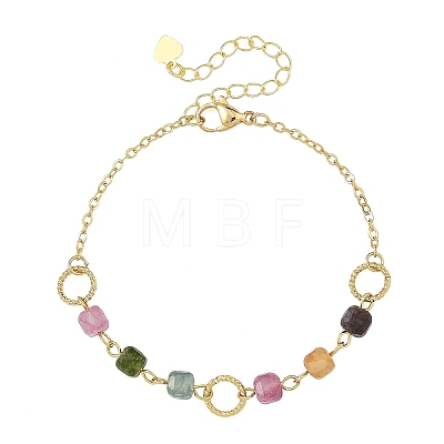 Natural Mixed Gemstone Faceted Cube Beaded Brass Chain Bracelets for Women BJEW-JB14334-1